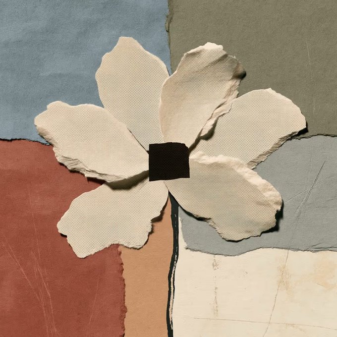 A mixed-media collage featuring a white paper flower with torn petals and a black square center, set against a background of layered pastel paper in shades of blue, rust, peach, and cream.