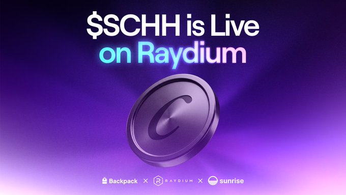 Promotional graphic announcing that the $SCHM token is live on Raydium, featuring a purple coin with the letter 'C' and logos for Backpack, Raydium, and Sunrise at the bottom.