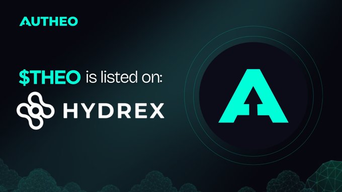 Cryptocurrency announcement graphic reading 'AUTHEO $THEO is listed on: HYDREX' with the Autheo logo on the right.