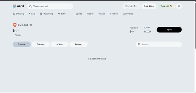 Screenshot of the world trading platform dashboard showing a user profile 'Div0..856' with $0.00 positions, $50.00 cash, and navigation tabs including Trending, Live, Upcoming, New, Sports, Crypto, Politics, Finance, and Economics.