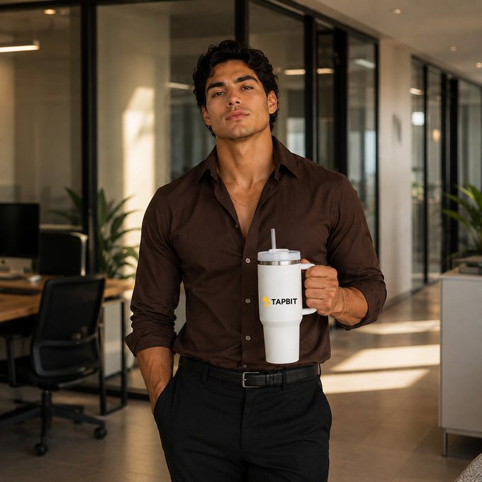 A man with dark hair wearing a brown button-up shirt and black pants stands in a modern office, holding a white tumbler branded with the yellow "TAPBIT" logo.