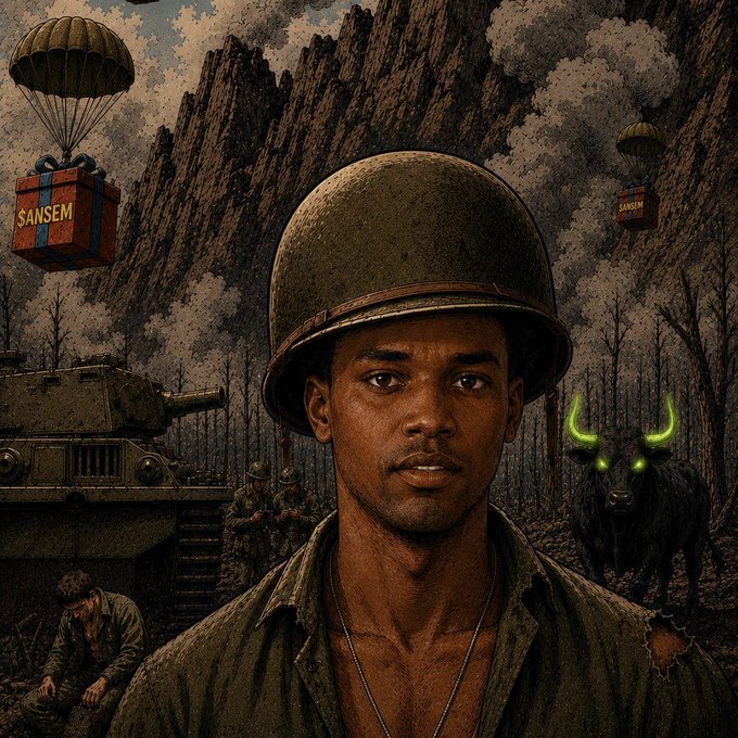 A soldier stands guard in a war-torn landscape alongside a tank and paratroopers dropping packages labeled "$SANSEM". A bull with glowing green eyes watches from the woods, symbolizing the bull thesis for $SANSEM.