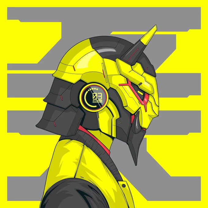 A stylized digital illustration of a yellow and black robotic helmet in profile, featuring a digital display reading "03" and matching the Bumblebee-themed K4M-1 NFT #03 that Logan Paul purchased for $635,000 in 2021, now valued at just $96.