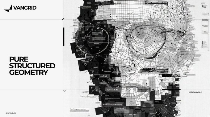 A black and white promotional graphic titled 'PURE STRUCTURED GEOMETRY' from VANGRID, featuring a complex, abstract circular composition made of overlapping lines, geometric shapes, and grid patterns.