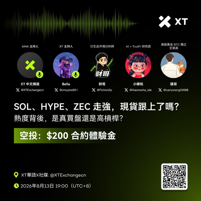 A promotional graphic for an XT Chinese-language X Space event scheduled for August 13, 2026 at 19:00 (UTC+8), featuring hosts Bella, 财哥, 小哪吒, and 曦哥 discussing whether SOL, HYPE, and ZEC's spot markets have caught up with their surging hype, with a $200 contract experience fund airdrop incentive and a QR code to reserve a spot.