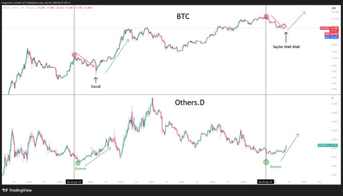 The image displays a computer screen with a stock chart for Bitcoin, clearly visible against an off-white background. It also has a chart comparing Bitcoin to other cryptocurrencies, labeled with different symbols, including "BTC" and "Others D". The image caption indicates that the data is not from another source but specifically represents the charts and comparison of various cryptocurrencies like Bitcoin. This visual representation can help users understand the market trends and make informed decisions regarding their investments or trading strategies.