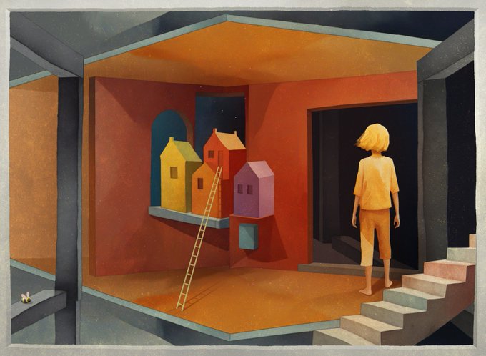 A surreal painting shows a blonde child in yellow clothing standing on stairs, looking toward small colorful houses connected by a ladder in a warm-toned, abstract architectural space.
