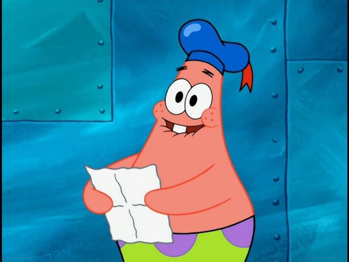 Patrick Star from SpongeBob SquarePants smiles cheerfully while reading a folded piece of paper against a blue metallic background. The image ties to the "gM CT" (good morning) greeting as Patrick appears to be happily reading a note, perhaps the "$100 for breakfast" announcement.