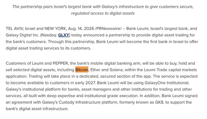 A press release announcing a partnership between Bank Leumi, Israel's largest bank, and Galaxy Digital Inc. (GLXY) to provide digital asset trading services including Bitcoin, Ether, and Solana.