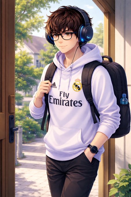 An anime-style illustration of a young man wearing blue headphones, black glasses, and a white 'Fly Emirates' Real Madrid hoodie, standing in a doorway with a backpack.