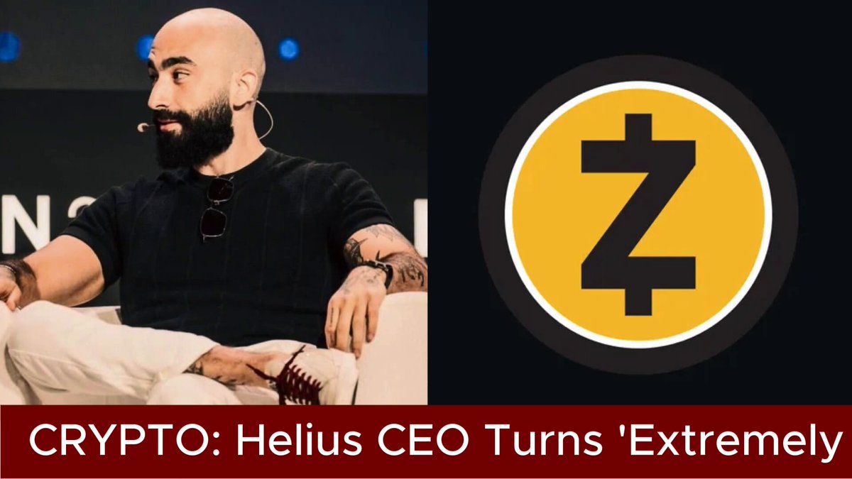 The image features a man sitting down with his legs crossed, wearing a black shirt. Behind him, there's a logo for Zcash, which has a yellow circle with a dollar sign inside of it. The text above the image reads "Crypto: Helius CEO Turns 'Extremely Bullish' On Zcash Helius CEO Mert Mumtaz ( @mert ) says he is ". Below this, there's some text that reads "Focus on what is in the image and how it relates to the post.".