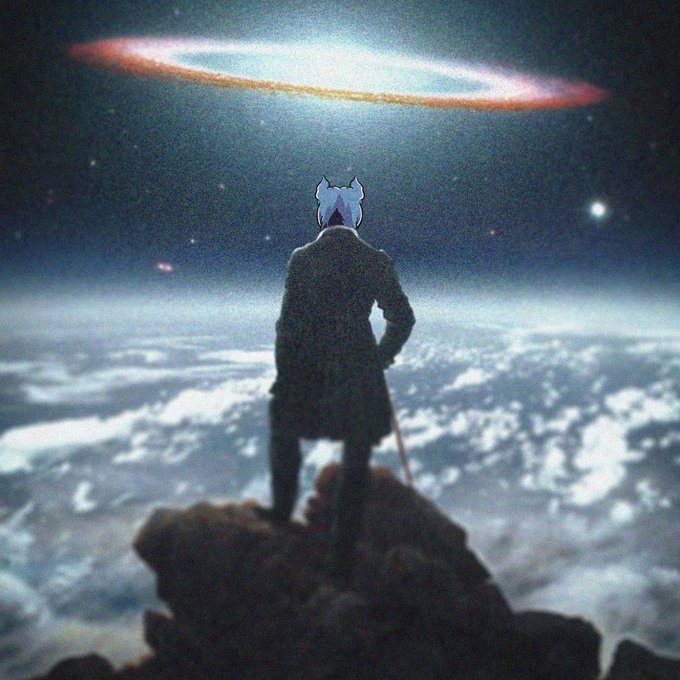 A surreal scene depicts a silhouetted figure with white horns and a tail standing atop a rocky peak above the clouds, gazing at a glowing galaxy-like ring in the starry sky.