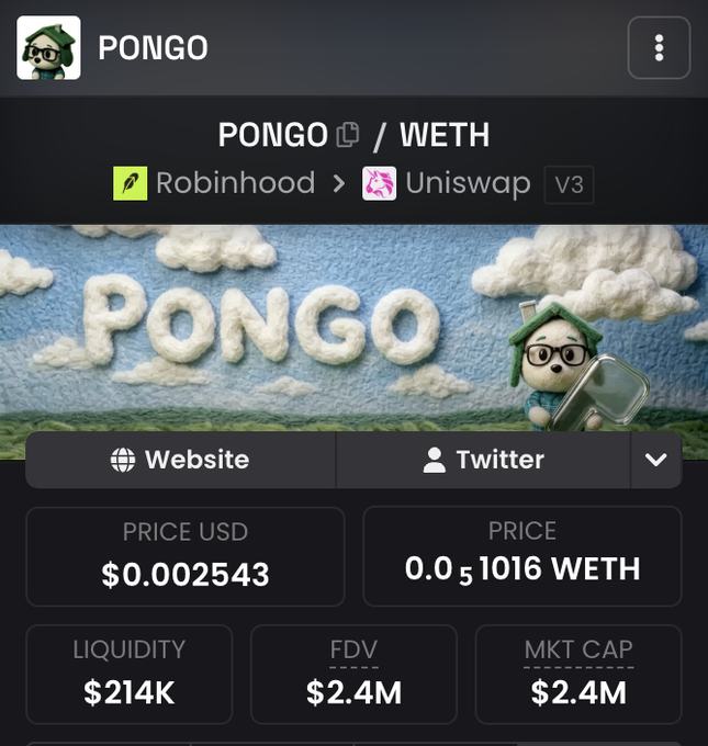 A screenshot of the Pongo cryptocurrency token page (PONGO/WETH on Uniswap V3) showing a price of $0.002543 and market cap of $2.4M, alongside a plush-toy-style image of a bespectacled penguin character. The image illustrates the post's claim that Pongo—a Robinhood derivative of the creator's original "chillhouse" art—has reached approximately 60% of Chillhouse's market cap, making Chillhouse "the most cursed coin in existence."