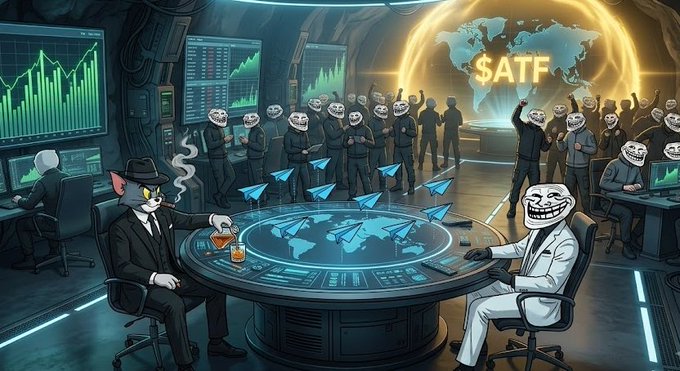 A digital illustration showing anthropomorphic cats and trolls in suits meeting in a high-tech control room with a holographic world map labeled '$ATF' and financial charts on the walls.