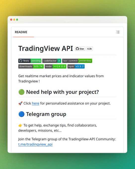 Screenshot of a GitHub README for the 'TradingView API' repository, showing badges including 4.3k stars, passing tests, codefactor A, 525.7k downloads, Node >=14.0.0, and npm v3.5.2, with links to a help page and a Telegram group at t.me/tradingview_api.