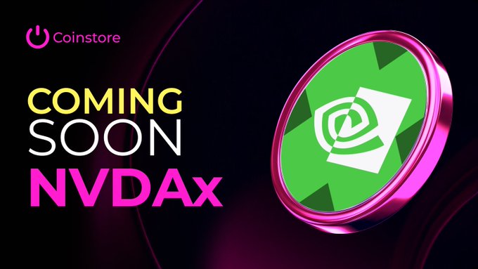 The image features a pink circle with a green square inside, which has the word "NVDA" written on it. The text " Coming Soon | NVDAx/USDT Stay tuned for more details." is also present in the image. The background of the image is black and there are two texts that read "coinstore" and "x.com X link: x.com/xStocksFi Telegram link: t.me/xstocksfi". These elements create a cohesive visual representation of what the post is about, with the pink circle containing the green square being the main focus.