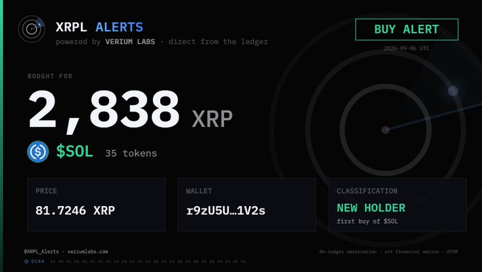An 'XRPL ALERTS' notification displays a 'BUY ALERT' for 2,838 XRP worth of $SOL tokens, classified as a 'NEW HOLDER'.