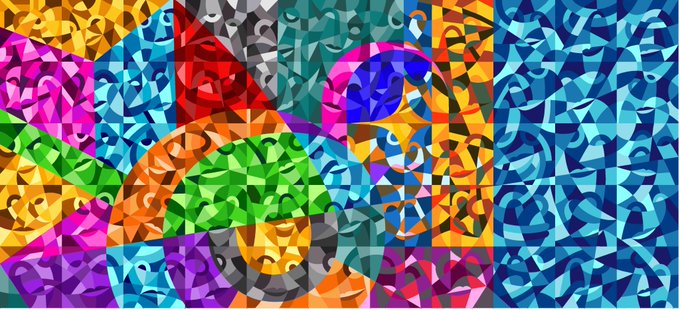 An abstract, colorful cubist-style digital artwork featuring fragmented geometric patterns in vibrant blues, reds, yellows, greens, and purples.