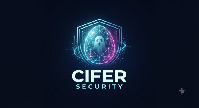 A digital logo for 'CIFER SECURITY' featuring a stylized ghost encased within a glowing, multi-layered hexagonal shield design against a dark background.