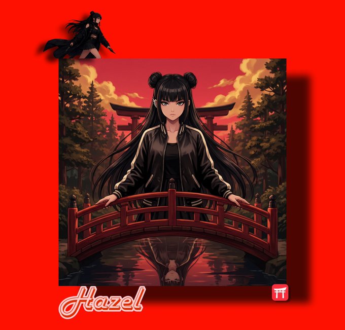 Anime-style illustration of a girl named Hazel on a red bridge with torii gates in the background, labeled with "Hazel" and a torii icon.