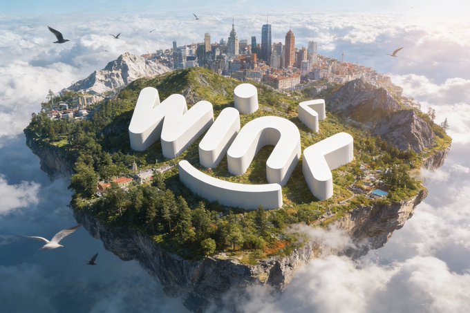 The image depicts a surreal floating island featuring a city skyline, mountains, and lush greenery, with the large text "WINK" prominently displayed in white 3D letters across the landscape, surrounded by clouds and birds in flight. This visually striking illustration ties into the post by representing how the WINK platform stands out as an elevated, transformative oracle-connected product, symbolizing its potential to deliver meaningful real-world value beyond technical novelty.