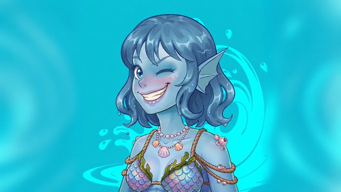 A digital illustration of a smiling mermaid character with blue hair, pointed ears, a shell top, and pearl necklace set against a turquoise background with bubbles.