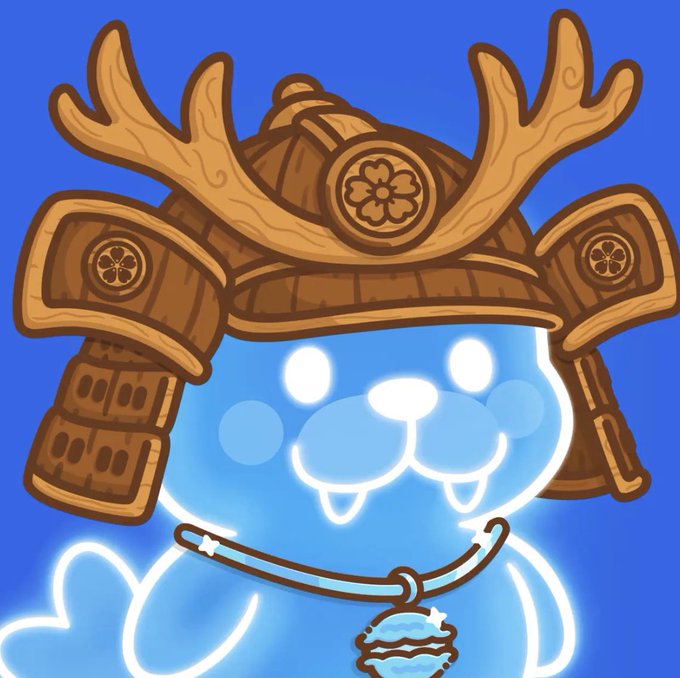 A cute blue cartoon character with a translucent appearance wearing an ornate samurai helmet with antlers, set against a bright blue background.