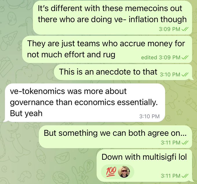 WhatsApp conversation about memecoins and ve-tokenomics, with messages including 'It's different with these memecoins out there who are doing ve- inflation though' and ending with 'Down with multisigfi lol.'