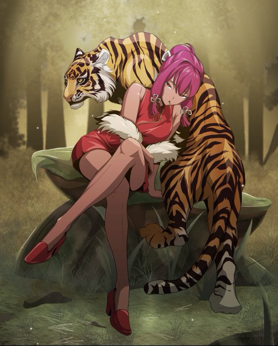 Anime-style artwork of a pink-haired girl in a red dress sitting beside a large tiger in a forest setting.