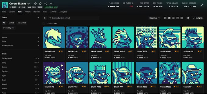 A screenshot of OpenSea's NFT collection page for "CryptoSkunks" showing pixelated skunk character thumbnails, with the ETH price at 0.008 ETH and 320 items minted. The image illustrates the fixed thumbnail display issue mentioned in the tweet, displaying the collection's 8-bit skunk NFTs in their proper pixel art form.