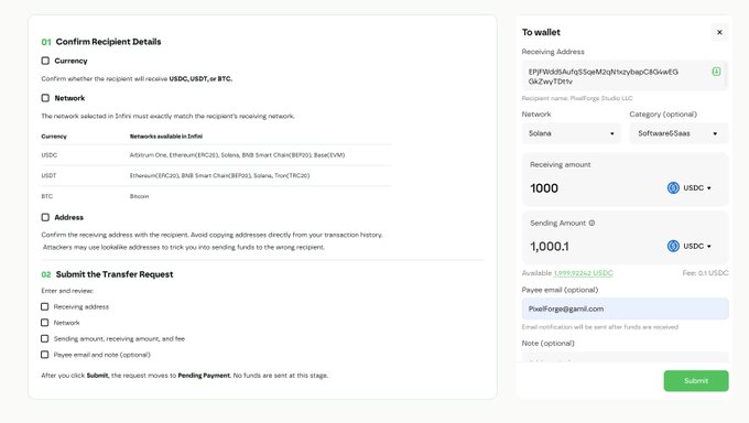 A cryptocurrency transfer interface showing USDC transaction details with a receiving address, network (Solana), and amount of 1,000 USDC.