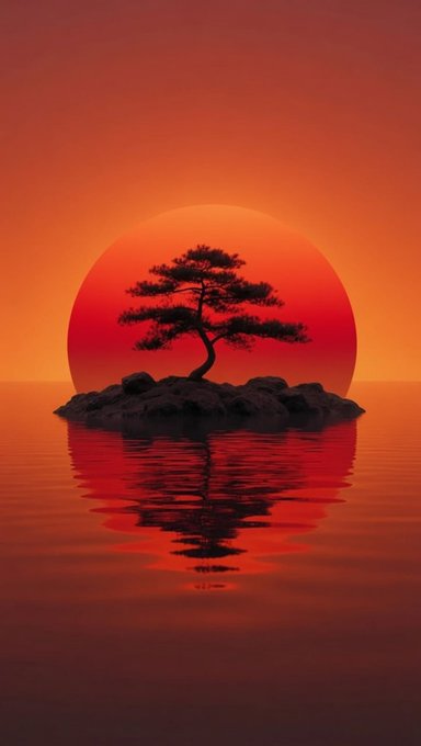 A serene silhouette of a tree on a rocky island set against a large orange sun, with its reflection mirrored in calm red-orange water below.