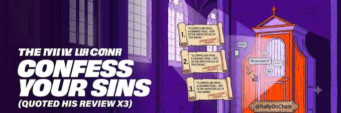 Promotional graphic for "THE MILK MAN: CONFESS YOUR SINS" featuring a confessional booth with speech bubbles and a numbered list of three compelling reads, tagged @RallyOnChain.