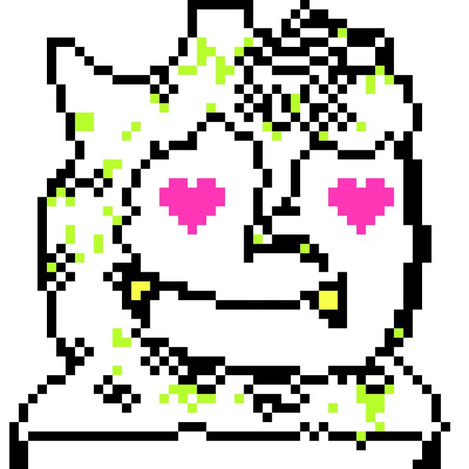 A pixel art style illustration of a smiling character with pink heart eyes and green splatter effects on a white background.