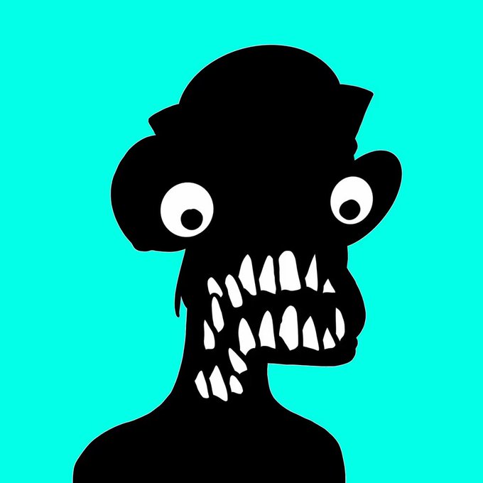 A black silhouette illustration of a monstrous figure with wide white eyes and sharp jagged teeth against a bright turquoise background.