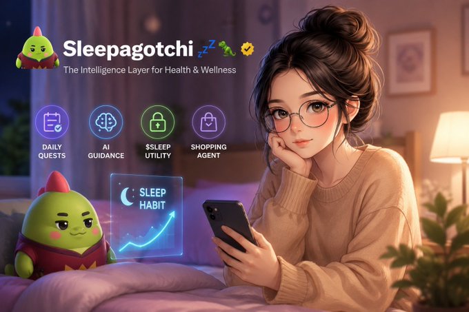 An illustrated promotional image for "Sleepagotchi" showing a bespectacled woman looking at her phone next to a green mascot character, with feature icons for "DAILY QUESTS", "AI GUIDANCE", "$SLEEP UTILITY", and "SHOPPING AGENT".