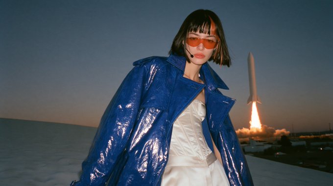 A woman with a short bob haircut and orange tinted sunglasses poses wearing a shiny blue trench coat and white outfit, with a rocket launching in the background at sunset.
