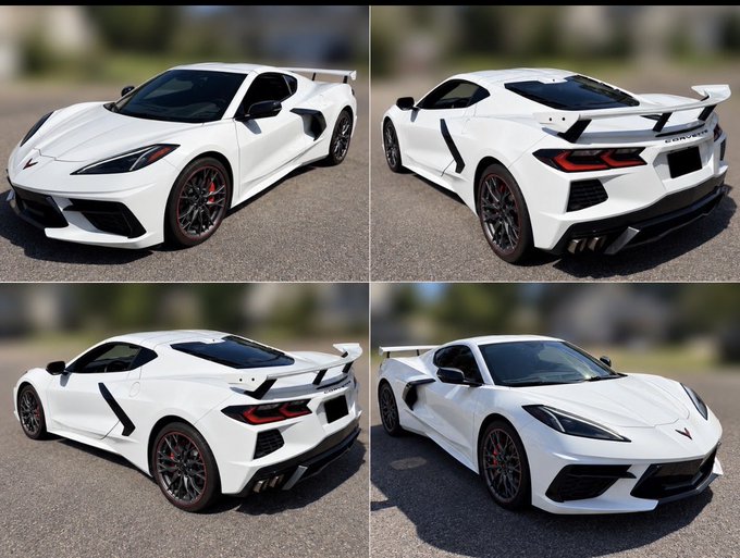 A collage of four angles showing a white Chevrolet Corvette sports car from the front, rear, and side views, featuring black wheels with red brake calipers and a rear spoiler.