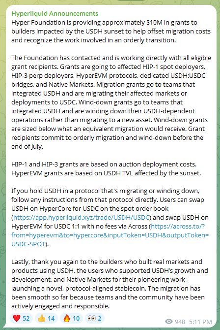 Hyper Foundation announcement offering approximately $10M in grants to builders affected by the USDH sunset, covering HIP-1 deployers, HIP-3 perp deployers like Kinetiq and Felix, HyperEVM protocols, and Native Markets, with migration/wind-down grants based on USDC integration.