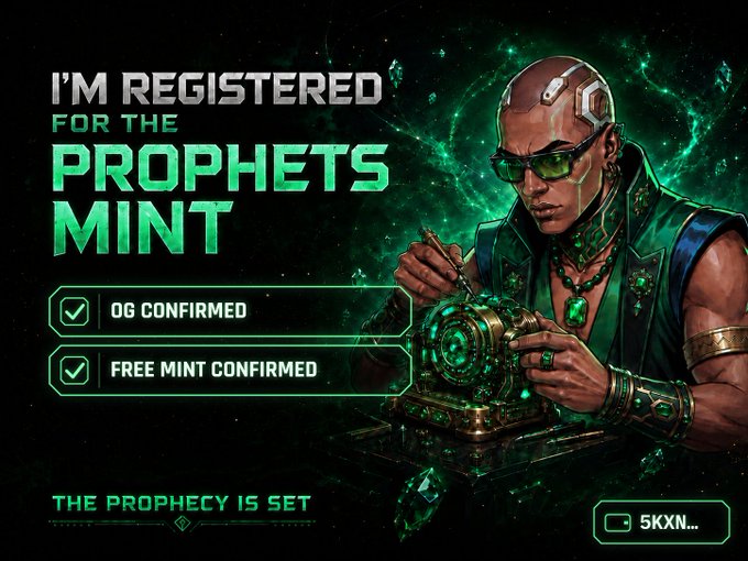 A sci-fi themed graphic displays text reading 'I'M REGISTERED FOR THE PROPHETS MINT' with checkmarks for 'OG CONFIRMED' and 'FREE MINT CONFIRMED', alongside an illustration of a man with cybernetic headgear working on a glowing green device.