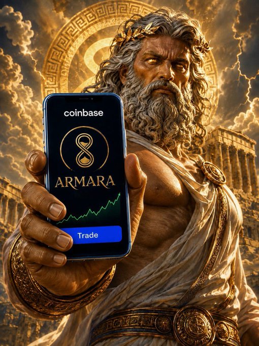 A dramatic digital artwork of a Greek god (resembling Zeus) holding a smartphone displaying the 'coinbase' app with a token called 'ARMARA' and an infinity symbol logo, featuring a 'Trade' button.