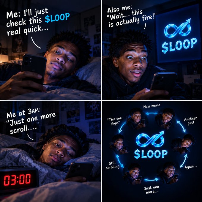 A four-panel meme featuring a young man progressively getting more absorbed in the '$LOOP' token shown on his phone screen, with captions depicting the addictive cycle of late-night scrolling, ending at 3AM with 'Just one more scroll....'