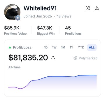 A Polymarket user profile for 'Whitelied91' showing $85.9K positions value, $47.3K biggest win, 45 predictions, and an all-time profit/loss of $81,835.20.