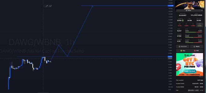 A TradingView chart of DAWG/WBNB on a 1-hour timeframe showing a breakout pattern with an annotated projection line rising toward a target of 0.00174 (highlighted in blue), positioned alongside bullish trading metrics indicating the momentum-based "flying to the next stop" thesis referenced in the caption.