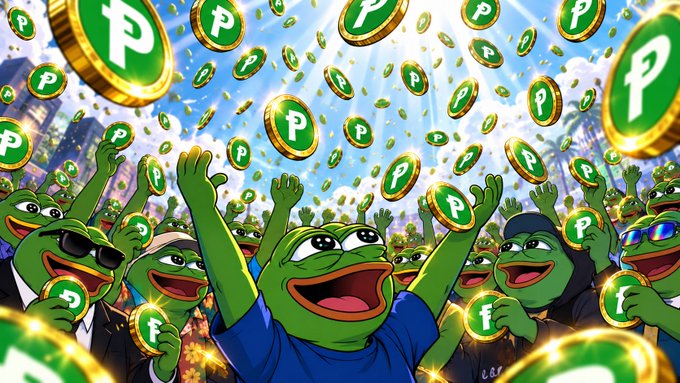 A vibrant illustration of Pepe the Frog characters cheering as green coins with a 'P' symbol rain down from a bright blue sky.