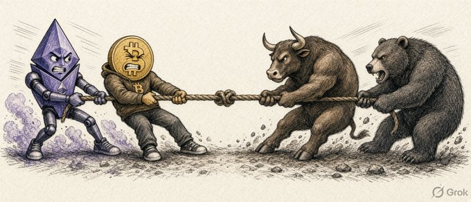 An illustration depicting a tug-of-war between an Ethereum character and a Bitcoin character on one side, and a bull and a bear on the other, with the Grok watermark in the corner.