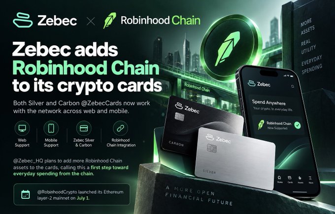 A promotional image for Zebec announcing the addition of Robinhood Chain to its crypto cards, showing both Silver and Carbon @ZebecCards with web and mobile support.
