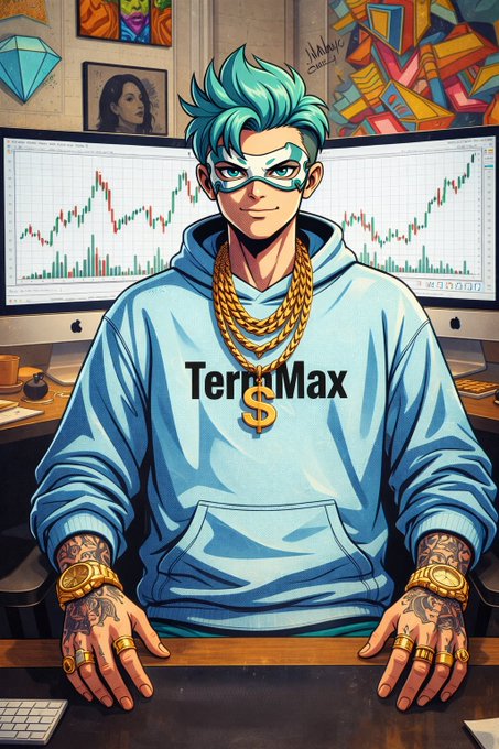 An anime-style illustration depicts a young man with teal hair and a mask, wearing a light blue hoodie emblazoned with 'TerraMax$' and multiple gold chains and rings, sitting in front of monitors displaying trading charts.