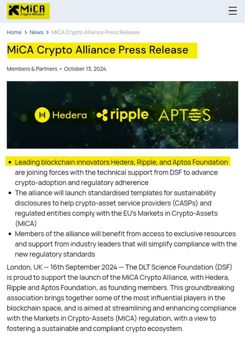 The image displays a press release from the DLT Science Foundation dated October 13, 2024, announcing the launch of the MiCA Crypto Alliance, featuring logos for Hedera, Ripple, and Aptos as founding members. The post highlights this as a major development for $XRP, $HBAR, and $APTOS, noting the FCA's MiCA Crypto Alliance involvement aimed at streamlining crypto regulatory compliance.