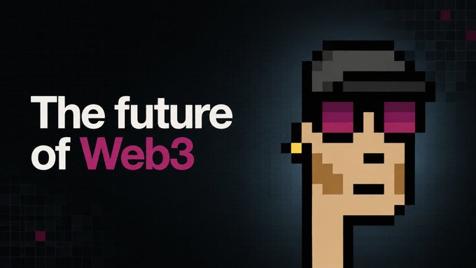 A dark graphic titled 'The future of Web3' featuring a stylized pixel-art character resembling a Cryptopunk wearing sunglasses, set against a faint grid background with small purple accents.